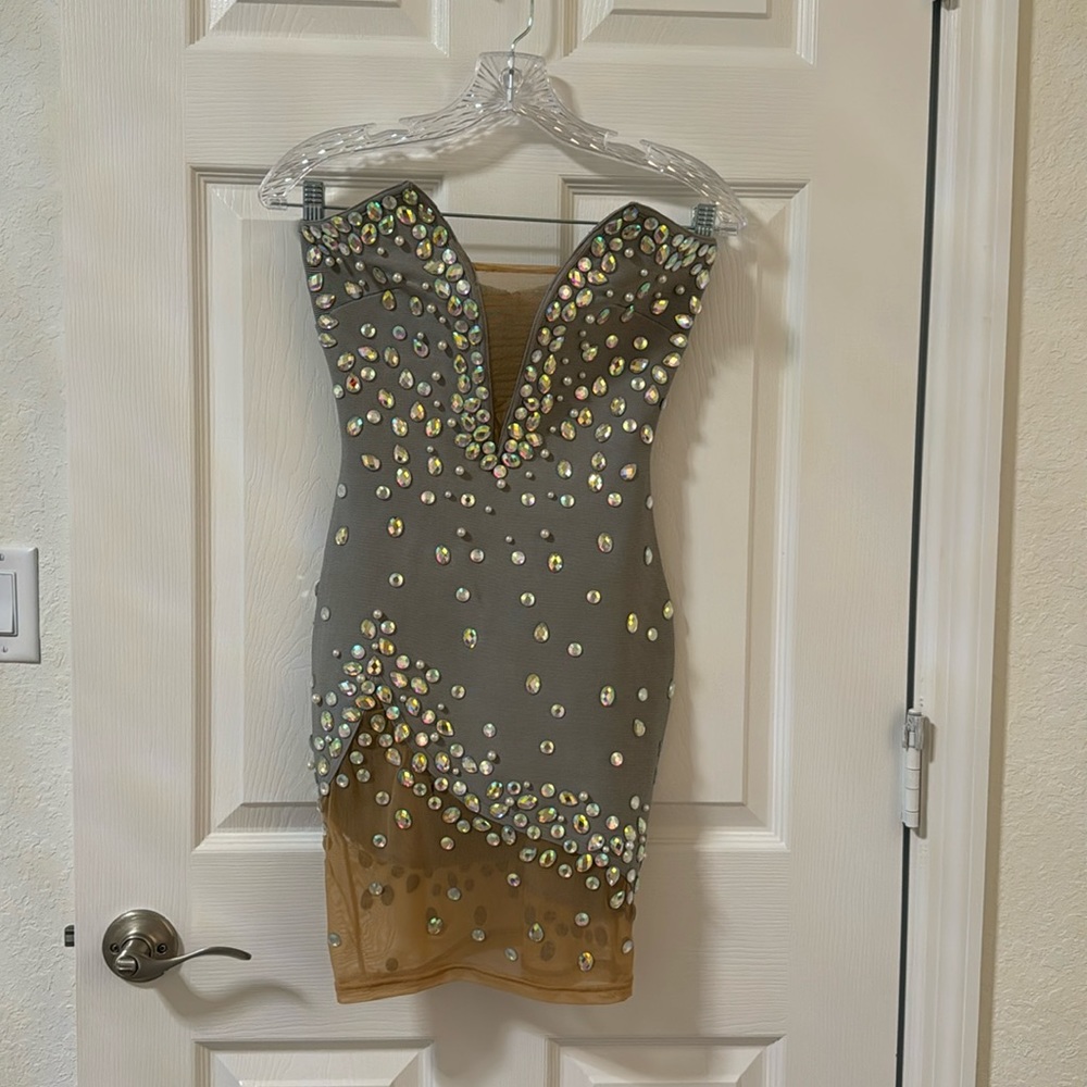 Strapless mini dress color grey with tulle nude color AB rhinestones size small